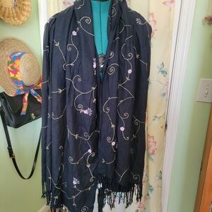 Lord & Taylor Embroidered Black Blanket Scarf Purple Floral Design With Fringe